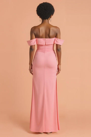 Pink Sheath Off the Shoulder Long Bridesmaid Dress with Slit